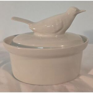 White Ceramic Covered Dish Bird Lid Trinket Box Sugar Bowl
